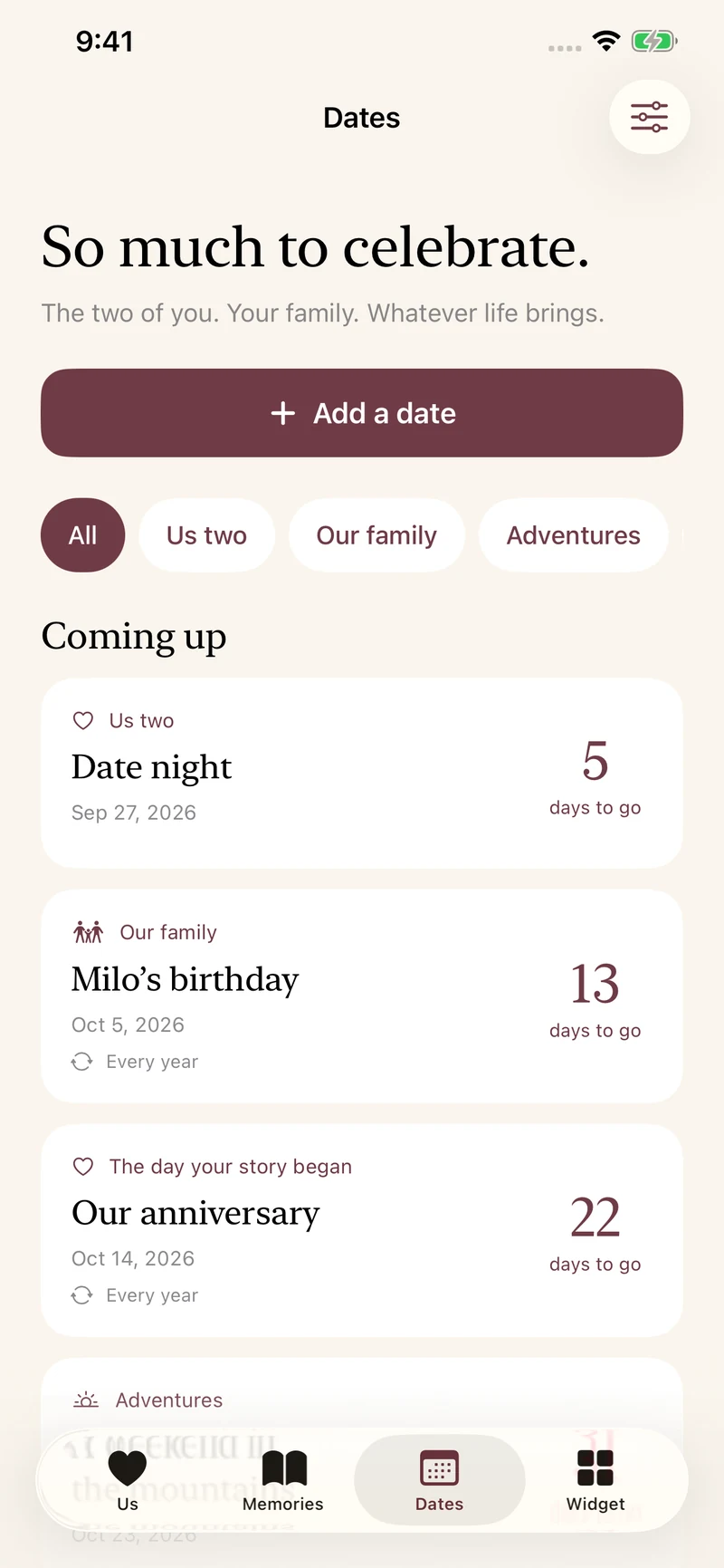 Upcoming dates including date night, a child’s birthday, an anniversary, and a planned adventure