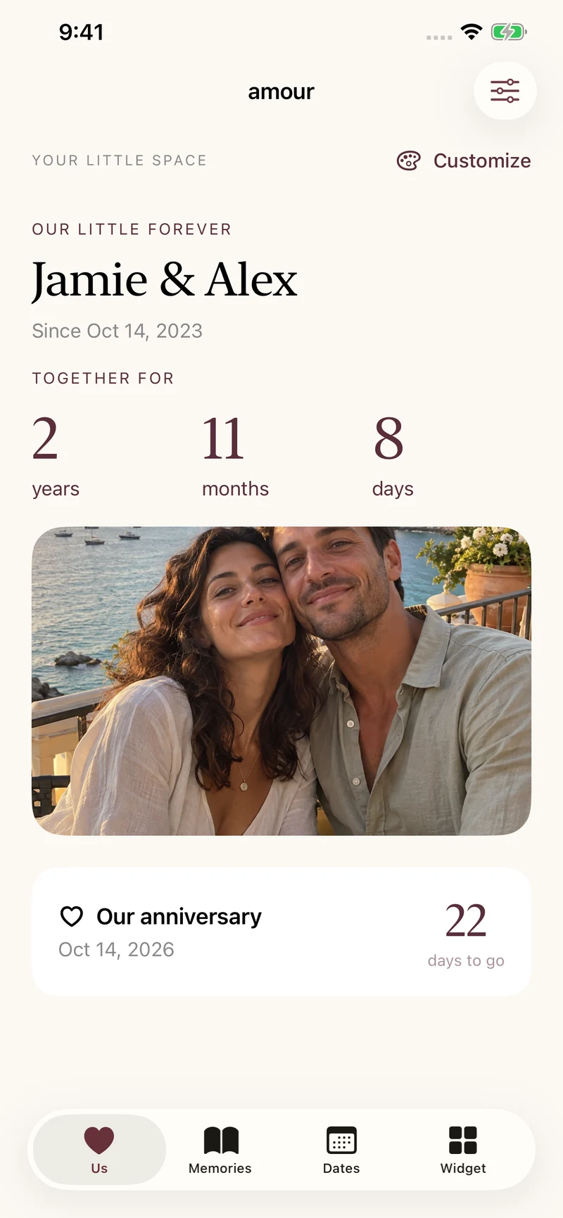Amour home: Jamie and Alex, 2 years, 11 months and 8 days together, with a favorite photo and 22 days until their anniversary