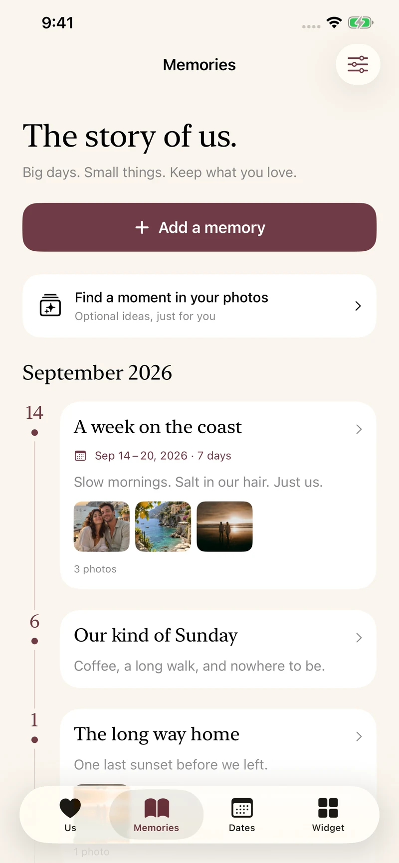 The memories timeline showing a week on the coast, an ordinary Sunday, and the long way home