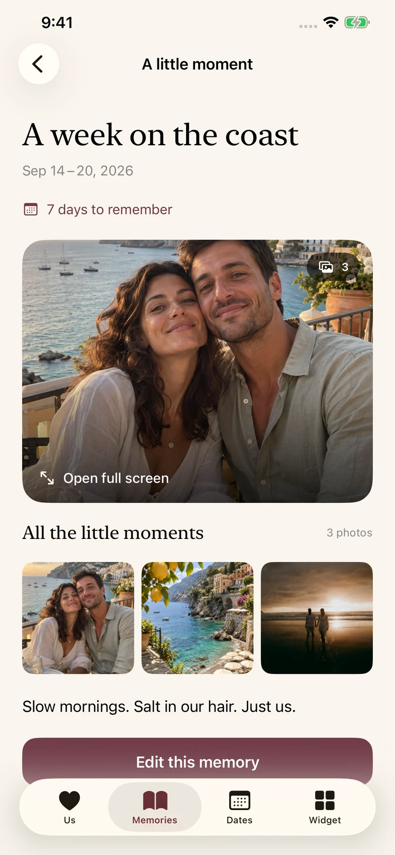A week on the coast: a seven-day memory with a large cover photo and a strip of trip photos