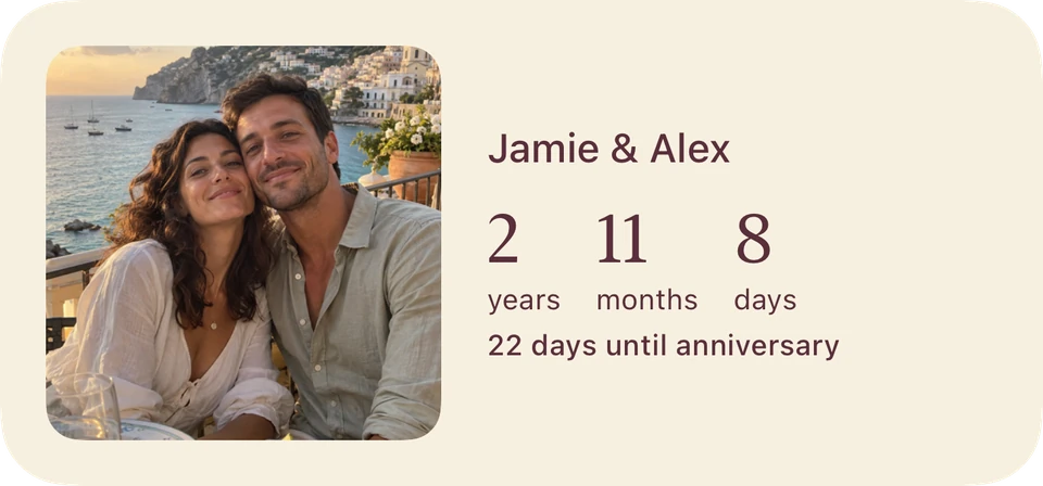 Medium Gallery widget with a photo, years, months and days together, and an anniversary countdown