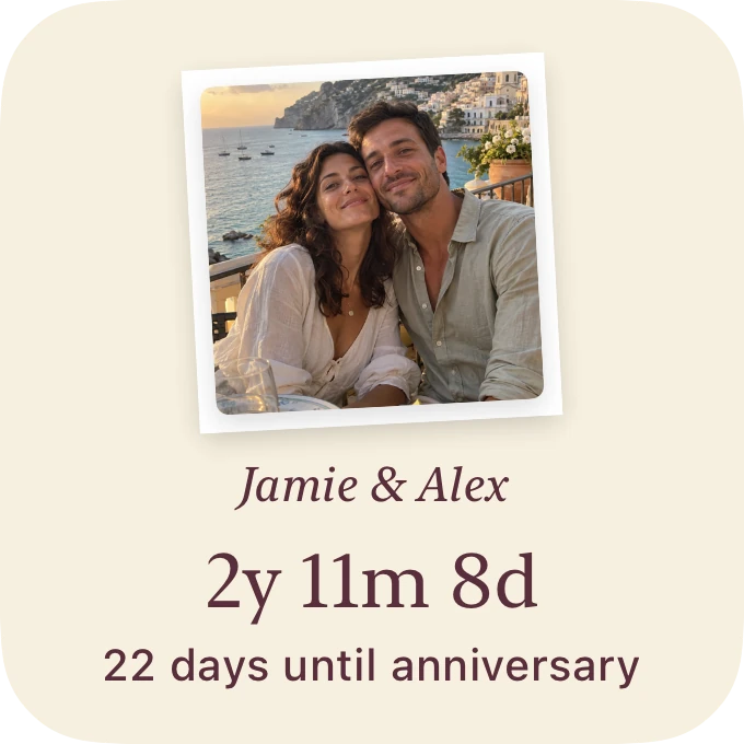 Amour’s Keepsake photo widget showing Jamie and Alex’s time together