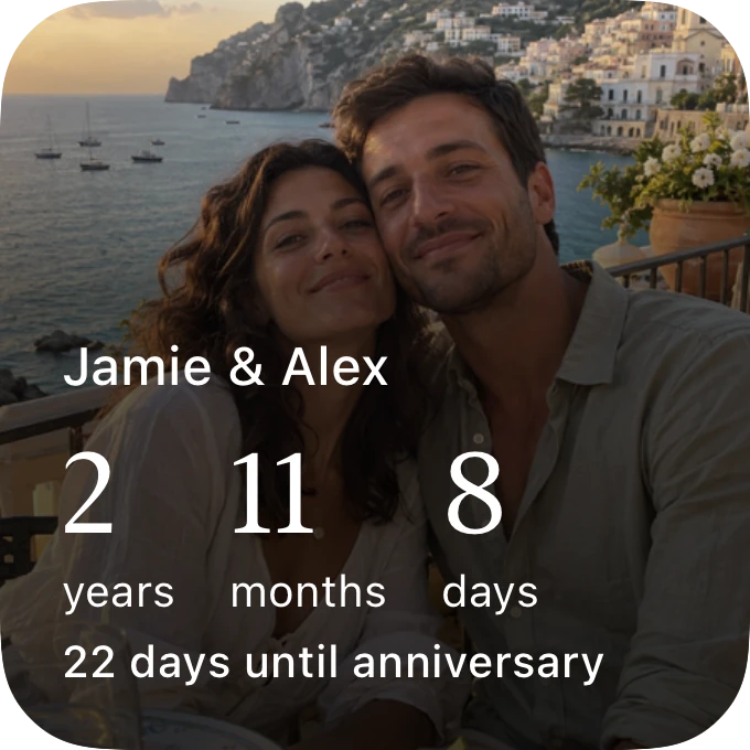 Full photo widget with a couple’s picture behind their time together